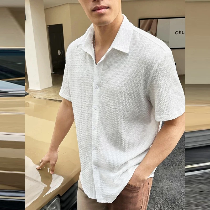 2024 Spring Summer Casual Shirt For Mens Beach Style Solid Color Breathable  Cotton Shirts Short Sleeve Men Button-up Lapel Tops