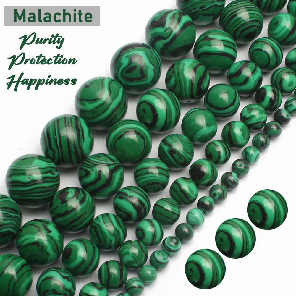 36 perline rotonde in malachite verde da 10 mm, pietre preziose