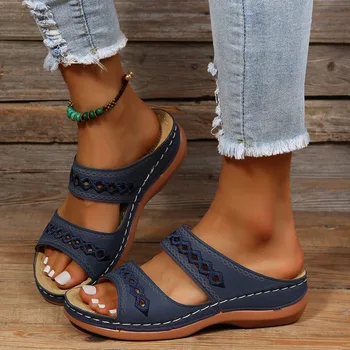 2025 Women Summer Sandals Casual Comfortable Round Head Open Toe Wedges Slippers Fashion Slip on Slides for Women 1