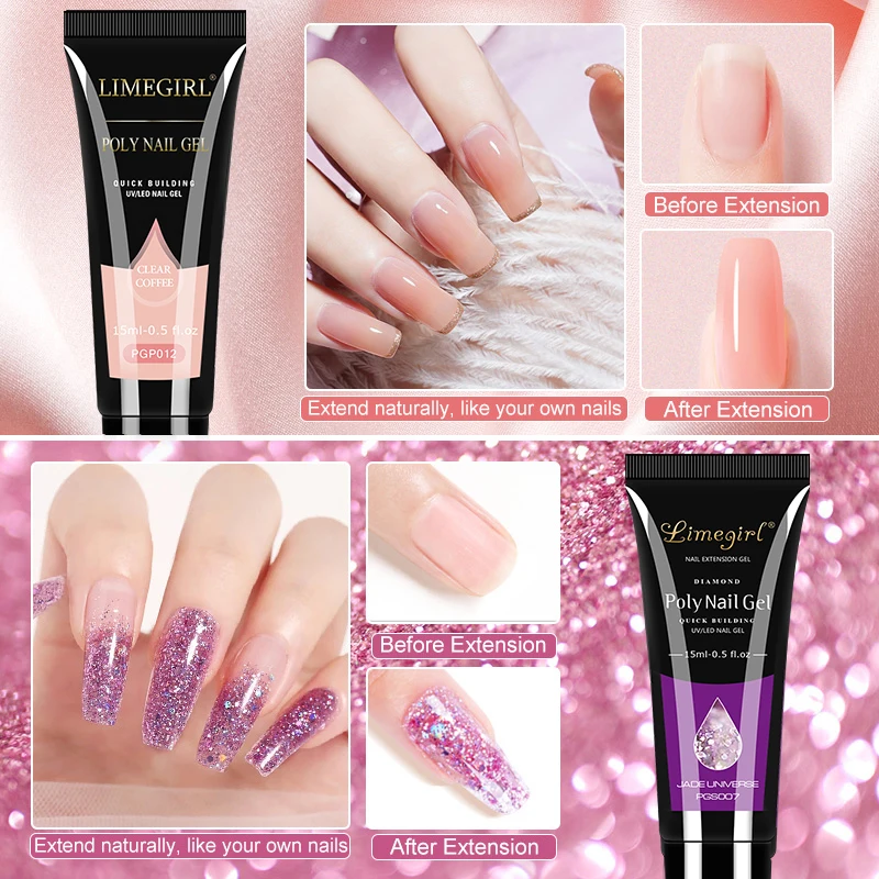 LIMEGIRL 15ml Nail Art Gel Kit UV Soak Primer Acrylic Solution Gel Manicure Kit with Mini LED Light Nail Quick Extension Tool 4