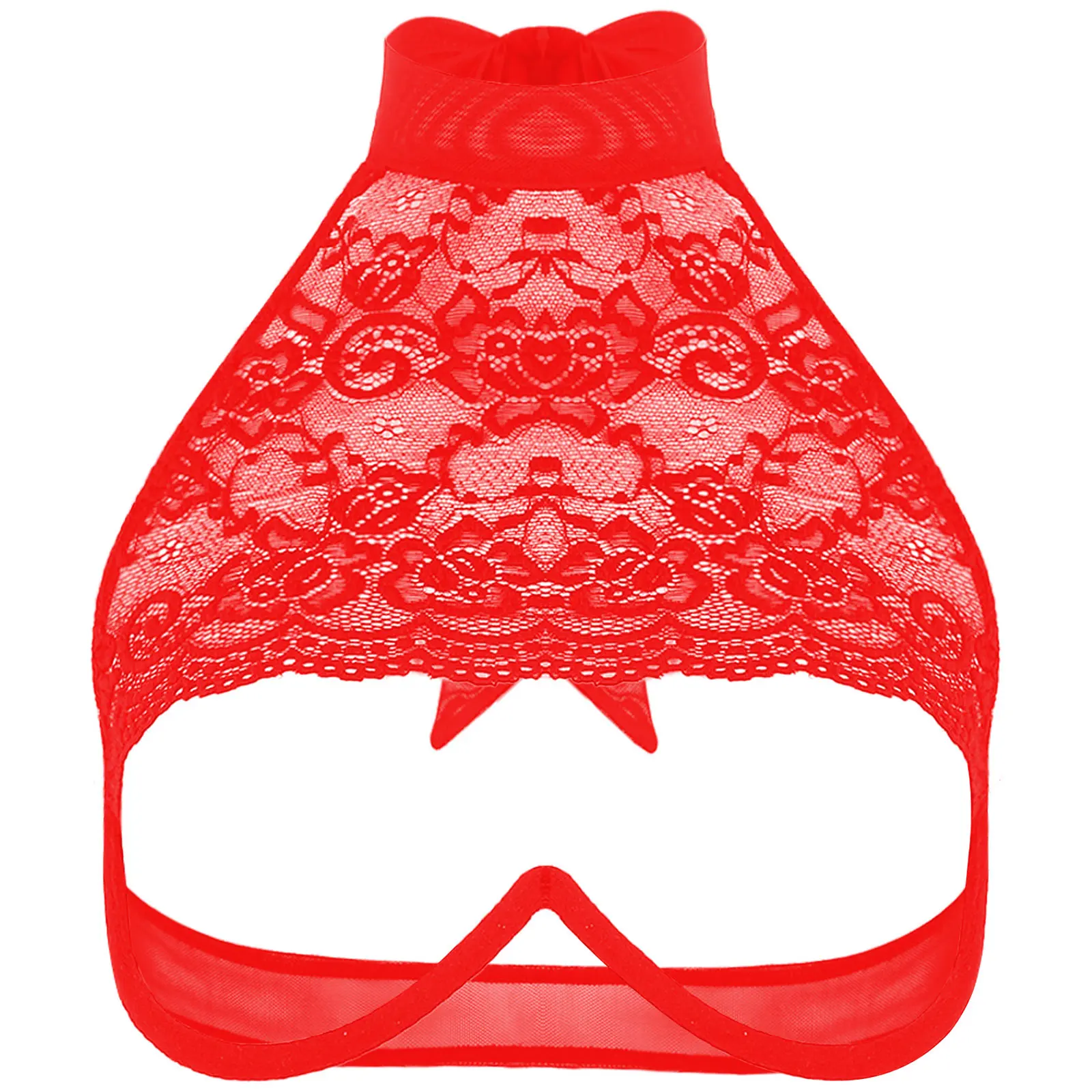 thumbnail image 1 of Lencería de encaje Sexy para mujer, sujetador con cuello Halter recortado, sujetador Balconette con aros de apoyo, parte superior abierta, sujetador de pecho tentador, disfraz para discoteca, 1 of 5