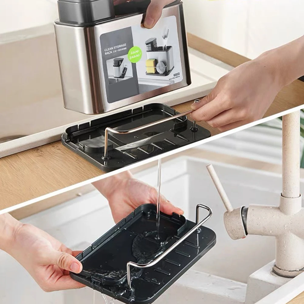 3-In-1 Kitchen Soap Dispenser Sponge Holder Stainless Steel Sink Organizer Rack Sink Organizer Tray Drainer Rack Rustproof