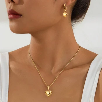 woiwoi Stainless Steel Niche Simple Fashion Wild Three-Dimensional Heart-Shaped Pendant Necklace Earrings Jewelry Set Female 1