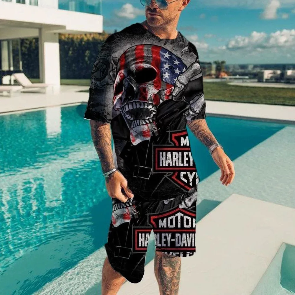 thumbnail image 1 of Conjunto de camiseta y pantalones cortos de playa informales con estampado digital 3D de animales para hombre, 1 of 5