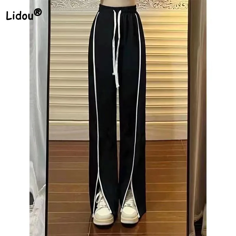 

Fashion All-match Spliced Solid Color Split Full Length Pants Female Spring Women's Clothing Loose Casual High Waist Trousers