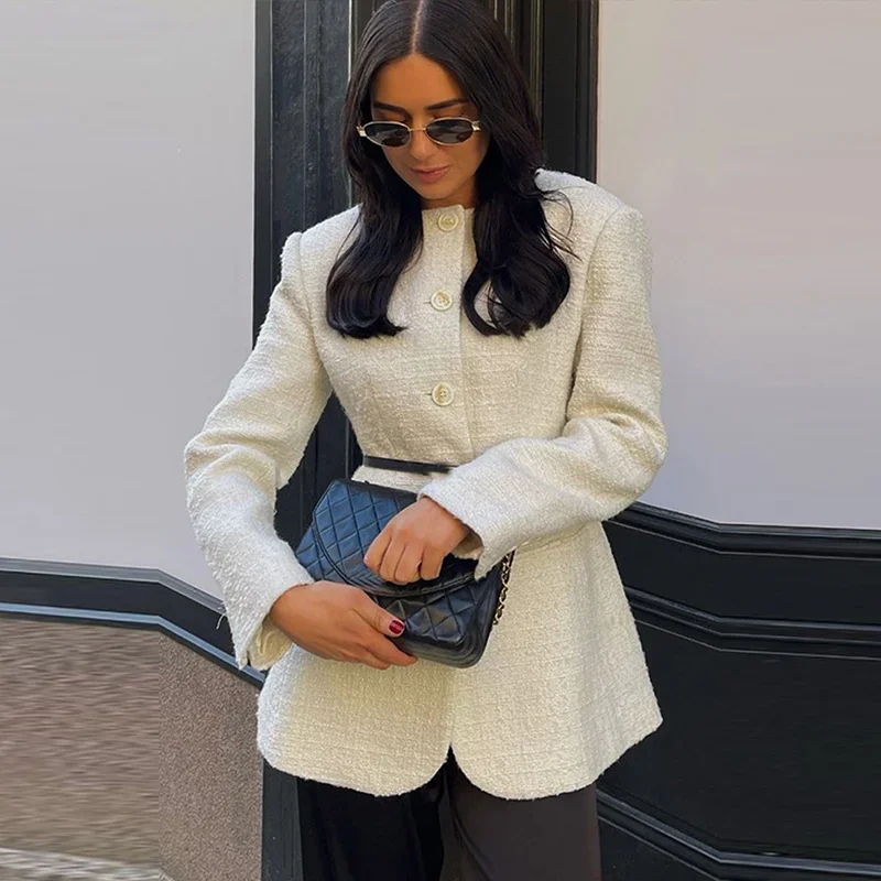Elegante blazer de tweed para mujer, abrigo ajustado con cuello redondo y hombreras, chaqueta gruesa para mujer, ropa de oficina de primavera 2025