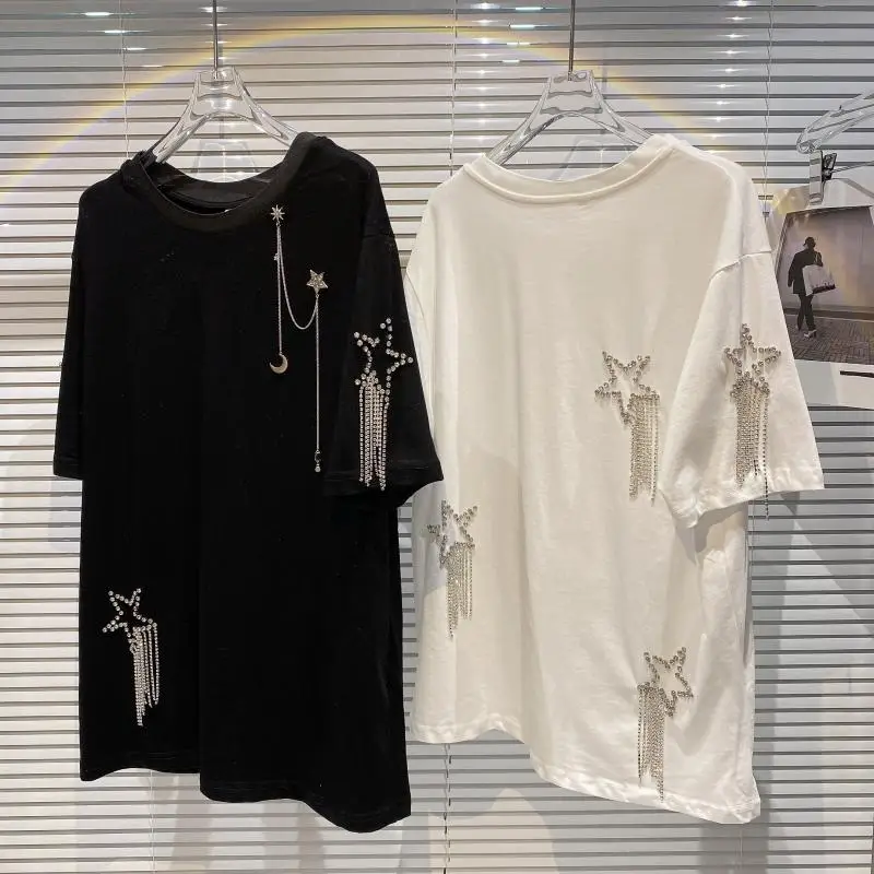 

2023 Summer New Rhinestone Tassel Shiny Round Neck Loose Short Sleeves T-shirt Women's Casual Cotton Tshirt Female Tops Tee