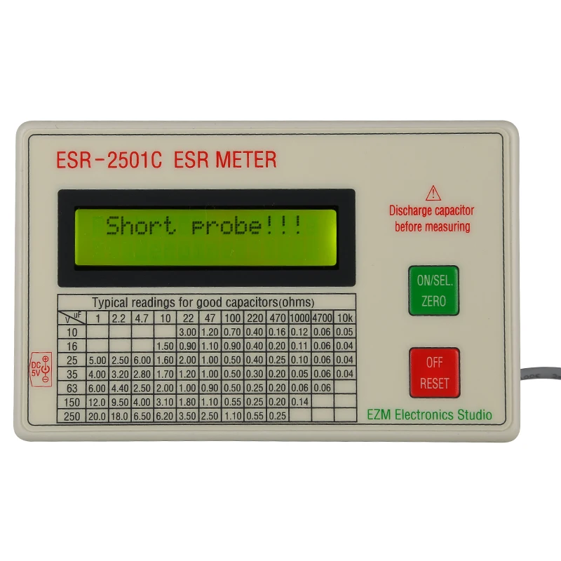 ESR2501C Capacitor ESR DCR Tester Test In Circuit Capacitance Meter Test Leads Clip Battery