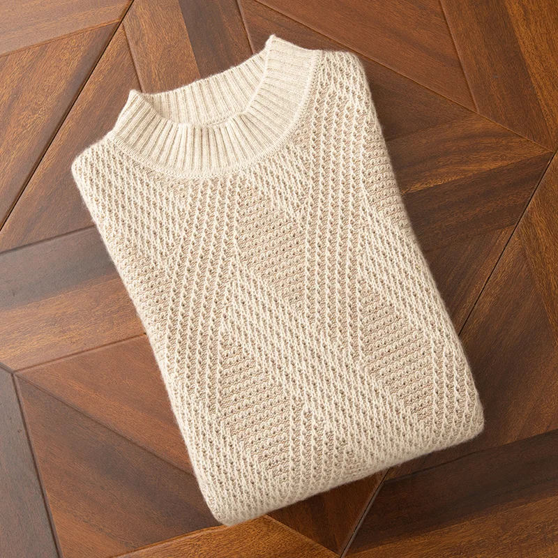 2024 Autumn/Winter New Collection (100% Cashmere) Men's Seven Needle Thickened Half High Neck Double Color Casual Sweater 2
