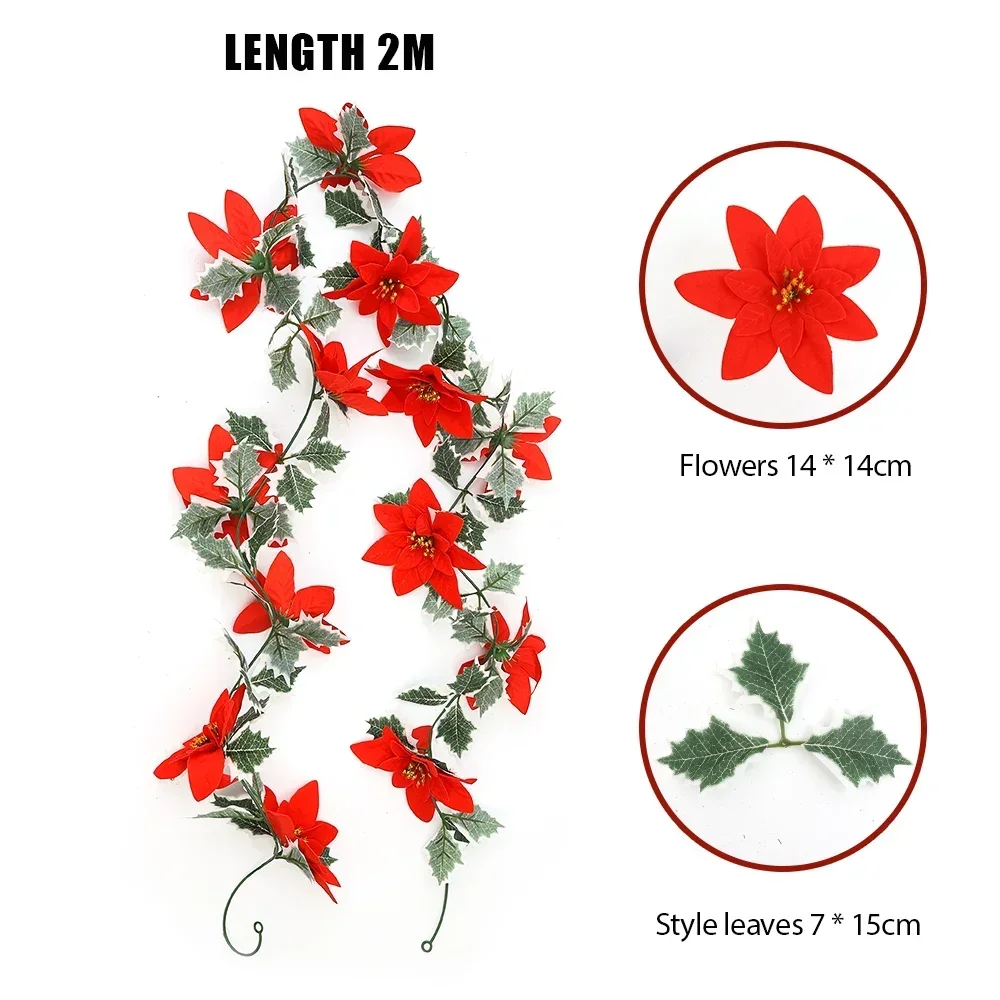 thumbnail image 1 of 6/2m Red Berry Christmas Garland Decoration Artificial Holly Leaves Berries Vine Ivy Xmas Tree Ratten Wreath Hanging Ornaments, 1 of 5