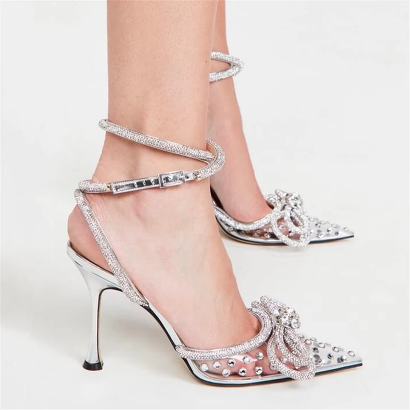 

Sexy PVC Women Pumps Crystal Ankle Straps High Heels Pointed Toe Bowknot Prom Dress Shoes Summer Transparent Gladiator Sandals
