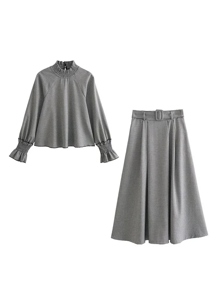 

Women 2023 Winter New Fashion Thousand Birds Pattern Blouses Vintage Long Sleeve Stand Lead Female Pullovers Chic Tops