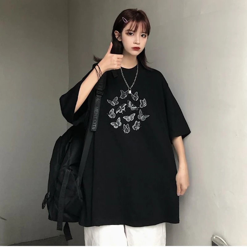 Women T Shirt Cute Butterfly Print Harajuku Gothic Y2K Black Vintage Short Sleeve Oversized T-shirt Kawaii Casual Aesthetic Tops cute summer crop tops