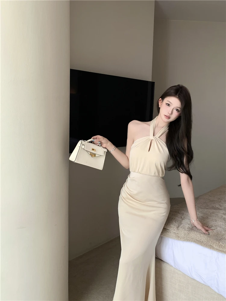 Sexy Bodycon Satin Evening Party Dress Sleeveless Halter Slim Mermaid Summer New Midi Dresses for Women Prom Vestidos Mujer