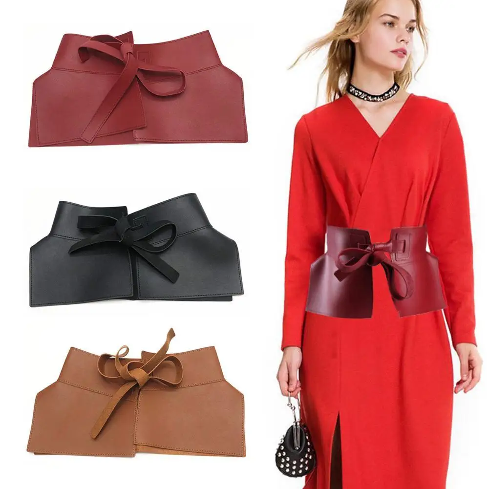 

Women Wide Waistband Retro French Style Bow Tie Fashion PU Leather Waist Bands Cinch Belt Wrap Around Bowknot Solid Color