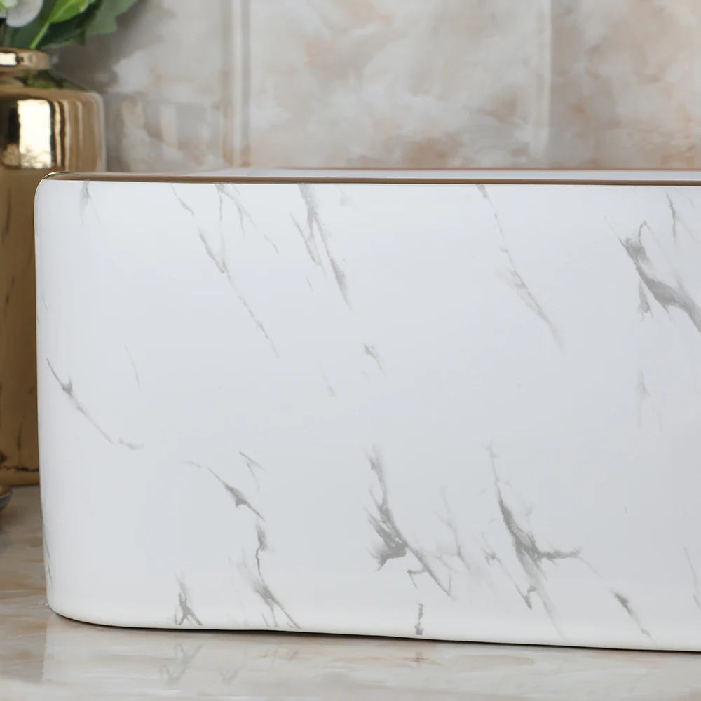 KEMAIDI 19" Ceramic White Vessel Sink with Gold Trim Porcelain Bathroom Marbled Rectangular Above Counter Bathroom Sink Faucet 3