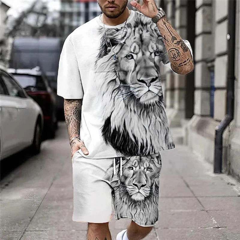 3D Lion Print Men's Cool T-shirt Shorts Set For Sports fitness