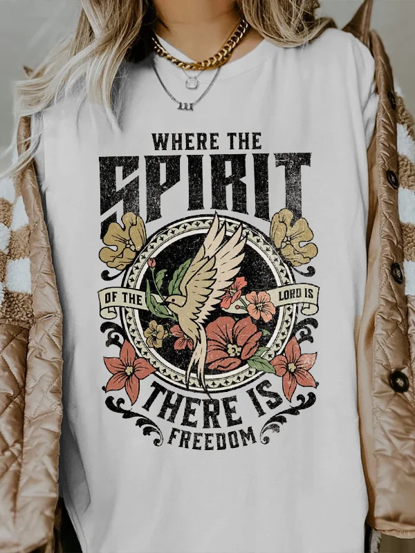 

Where The Spirit There Is Freedom Slogan Women Shirt Vintage Cotton Garland Bird of Peace Print Casual Holiday Female Shirt