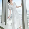 Summer New Pure Cotton V-neck Embroidery Elegant Fashion White Dresses Ladies Short Sleeve Waist Sweet Robe Dress Female Vestido 5