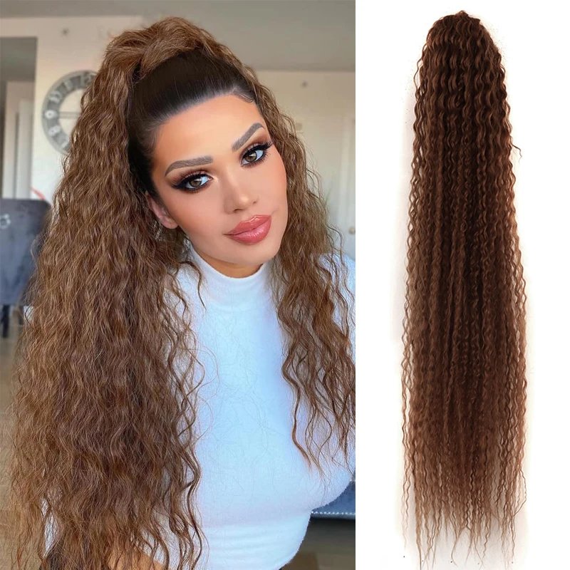 30Inch Water Wave Drawstring Clip In Ponytail Hair Extension Synthetic Super Long Kinky Curly Clips In Fake Ponytail For Women
