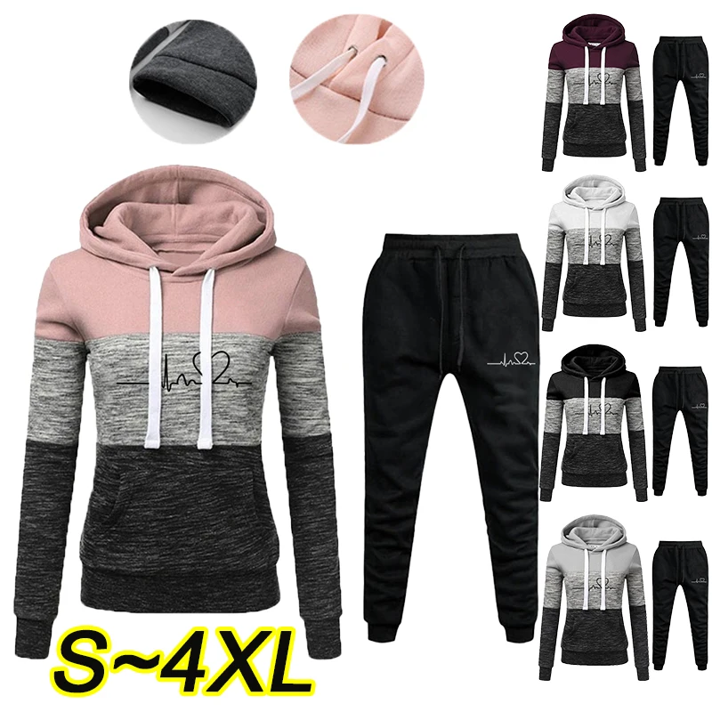 Women's fashionable hooded sportswear set with three color printed hoodies and jogging pants Women's daily casual wear