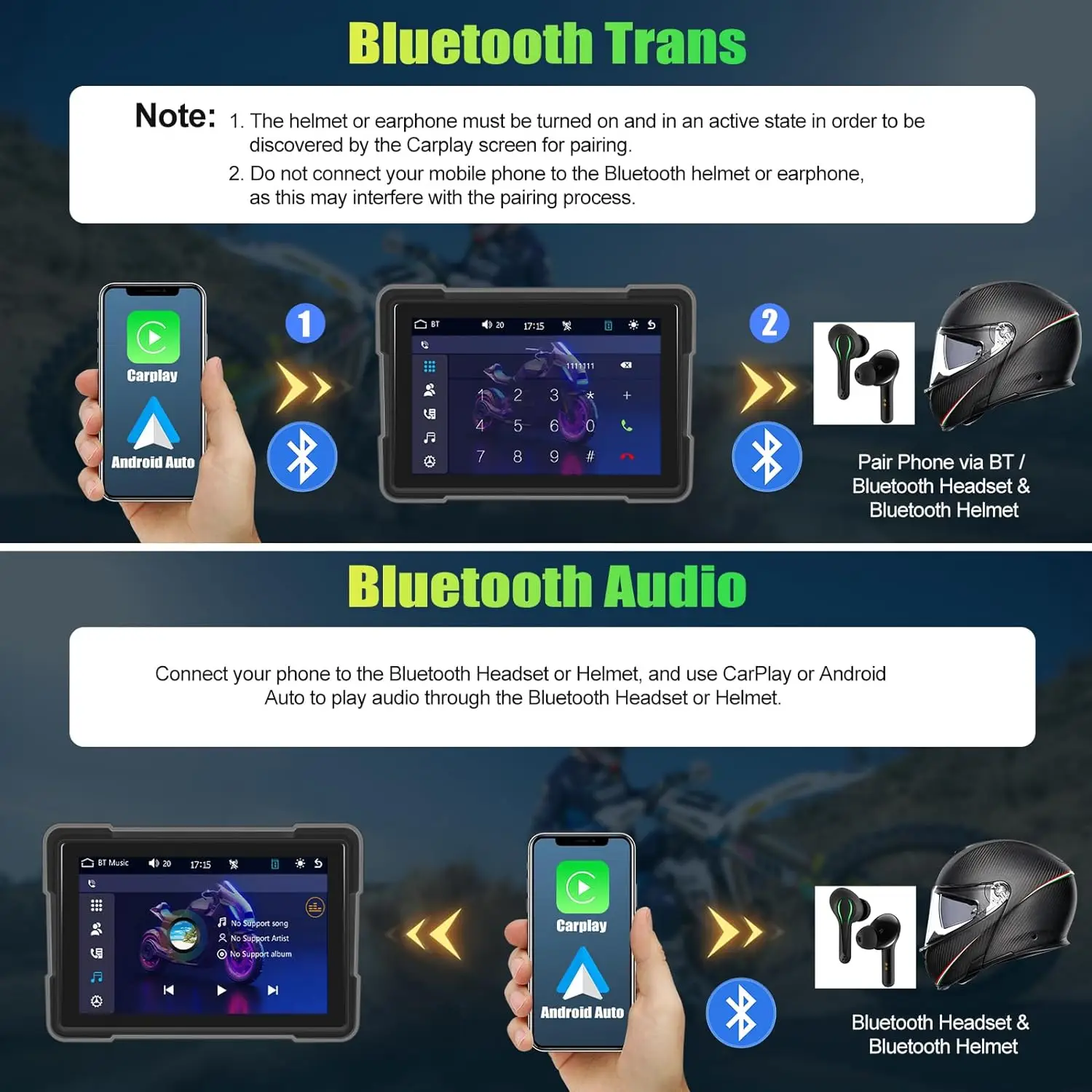 Inch Motorcycle Portable Waterproof Touch screen Wireless