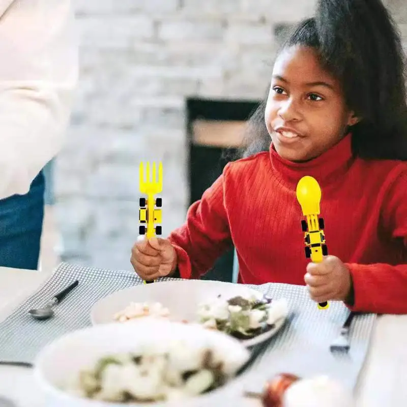 Childrens Cutlery Set Bulldozer Excavator Shovel Spoon Fork Feeding Tableware Constructive Eating Kitchen Food Utensils For Kids