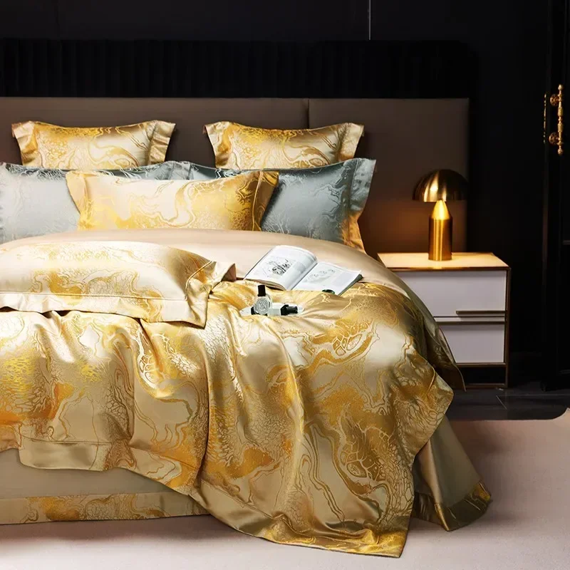Royal Beige Gold Satin Duvet Cover Set Egyptian Cotton Silky Shiny Comforter Covers Zipper Closure Bedding Bed Sheet Pillowcases - Image 3