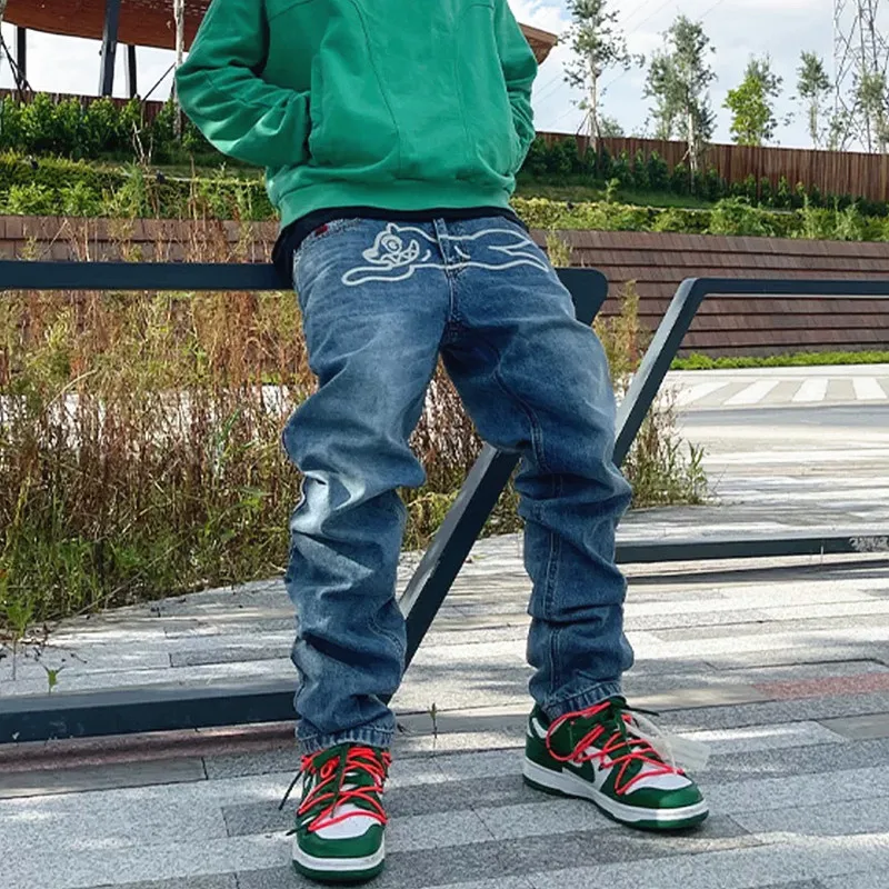 Men Pantolon Y2K Streetwear Flying Dog Print Baggy Jeans Pants Harajuku Fashion Hip Hop Denim Trousers Vaqueros
