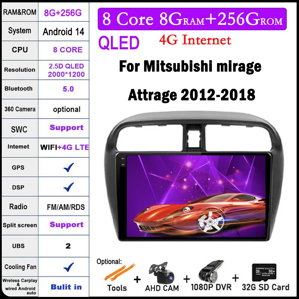 

9-дюймовый сенсорный экран QLED для Mitsubishi mirage Attrage 2012-2018, автомобильный IPS GPS QLED 4G, стерео, мультимедиа, радио, навигационный экран