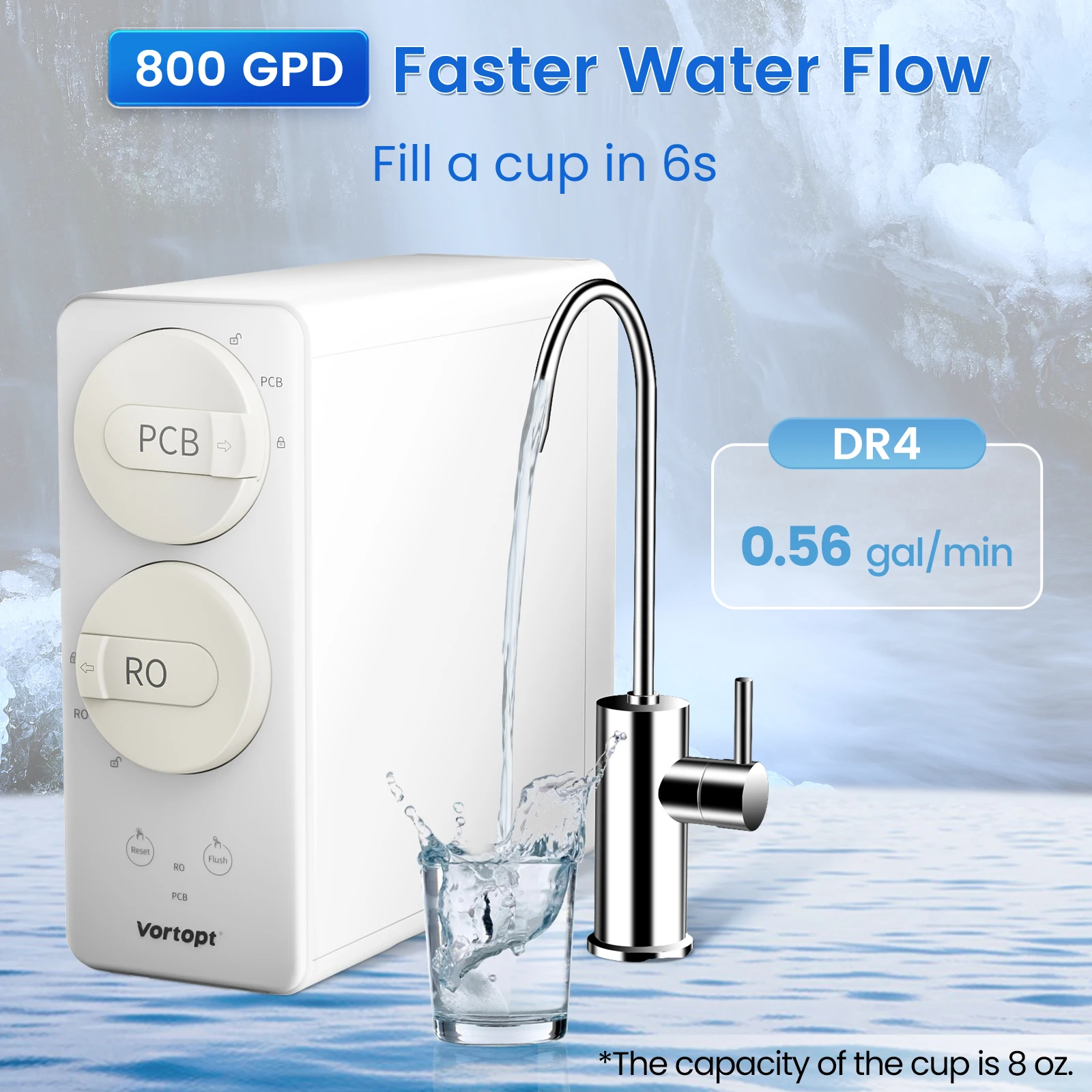 800 GPD Tankless RO Water Purifier System for Drinking Water, 0.0001&mu;m Filtration Reduces PFAS, 3:1 Pure to Drain