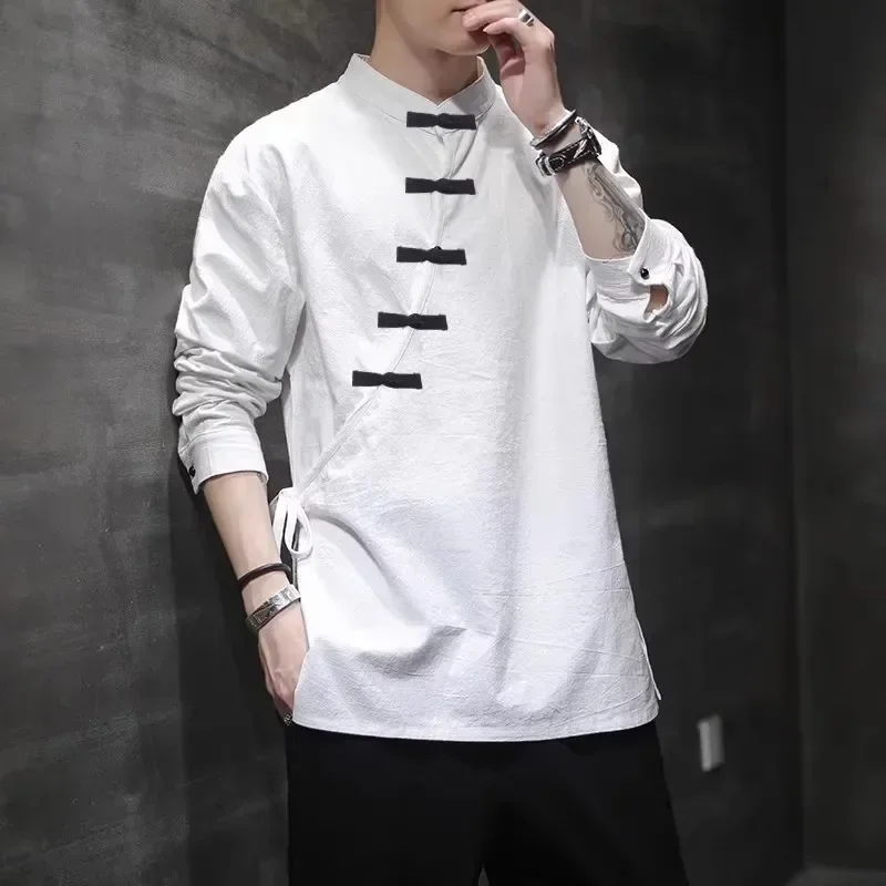 

Spring and Autumn New Oriental Men's Shirt Hanfu Chinese Top Cotton Hemp Street Casual Vintage T-shirt