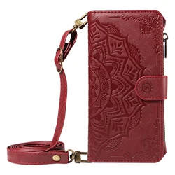 Leather Flip Phone Case - Card Holder Wallet with Zipper and Embossed Design - Galaxy Note20 Ultra (Red)