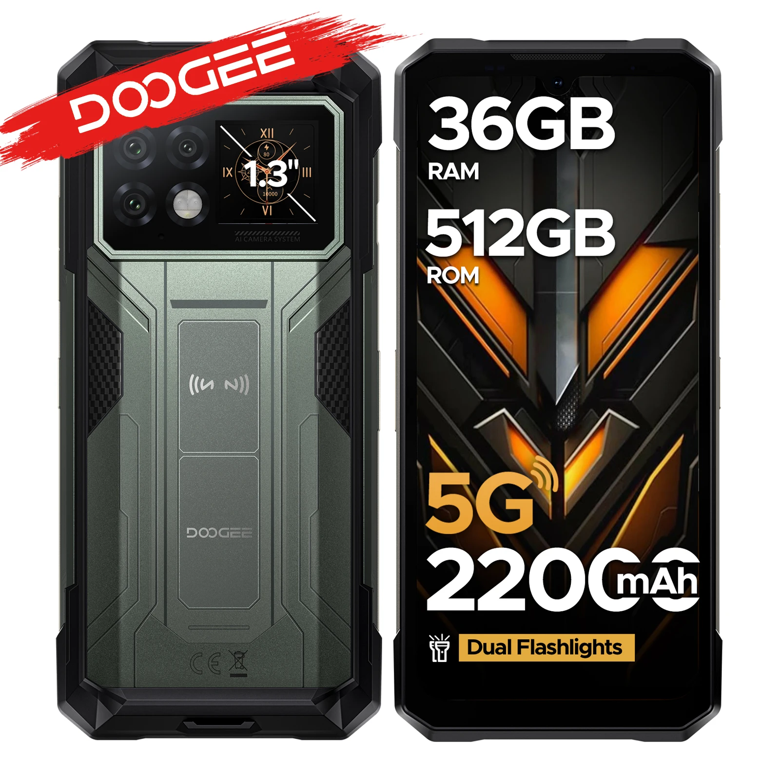 DOOGEE S200 Max 5G téléphone robuste 22000mAh batterie 1.3 "affichage arrière 36GB(16 +20) 512GB double lumière lampe de poche 108MP AI caméra téléphone