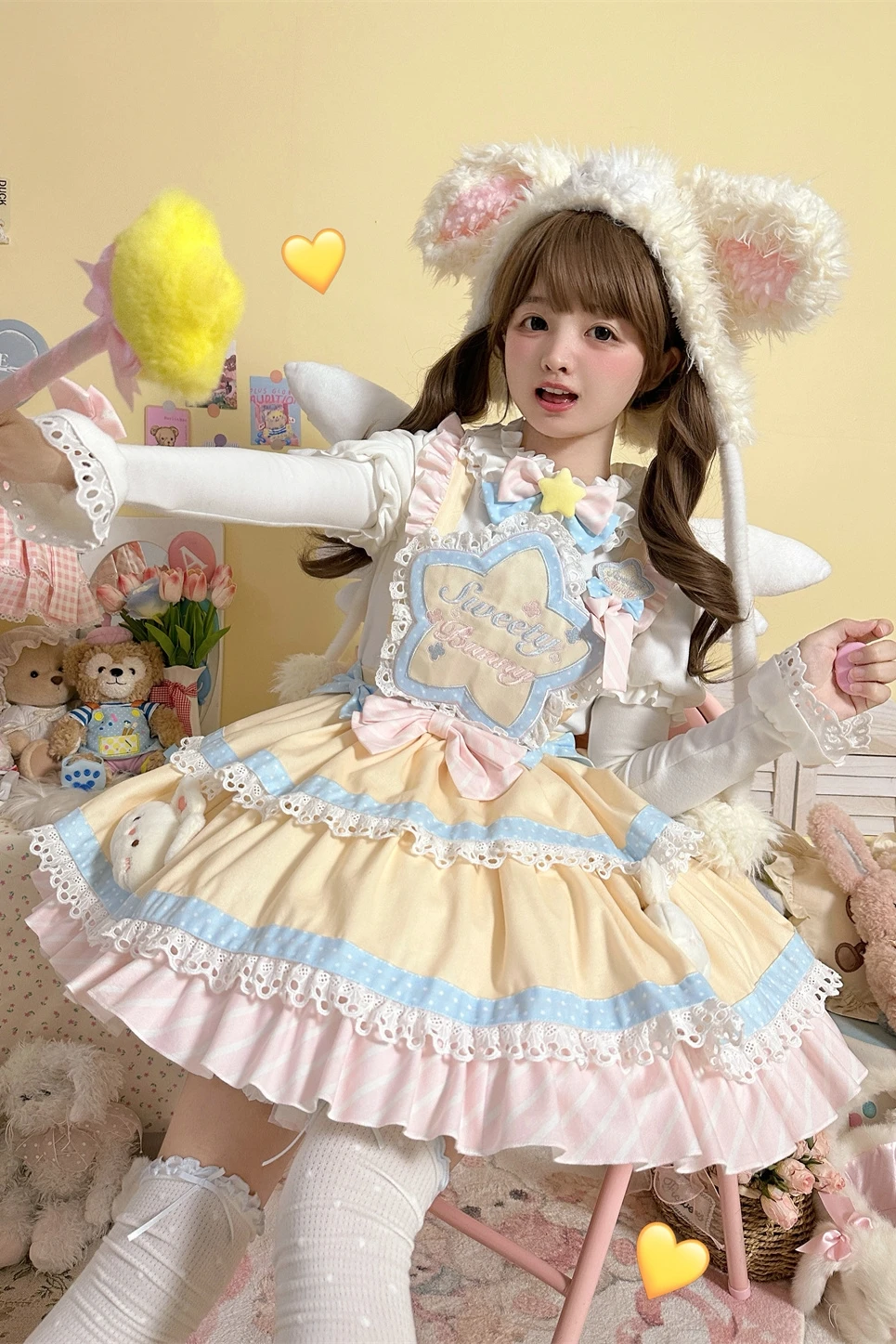 Sweet Lolita Sleeveless Lace Ruffles JSK Dress with Apron Bow