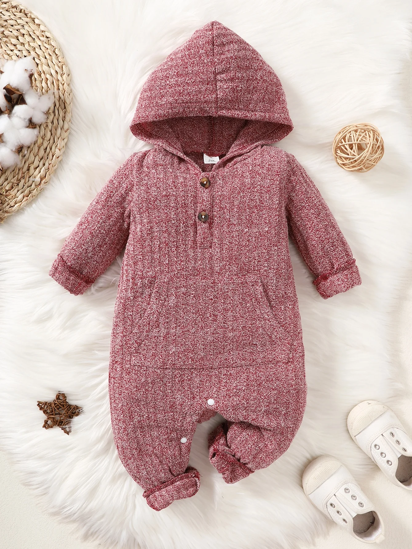 

Winter Baby Jumpsuit, Home Hooded Climbing Suit, Long Sleeves, Button Up Pants, Pockets, Warm, Suitable For 3 To 24 Months