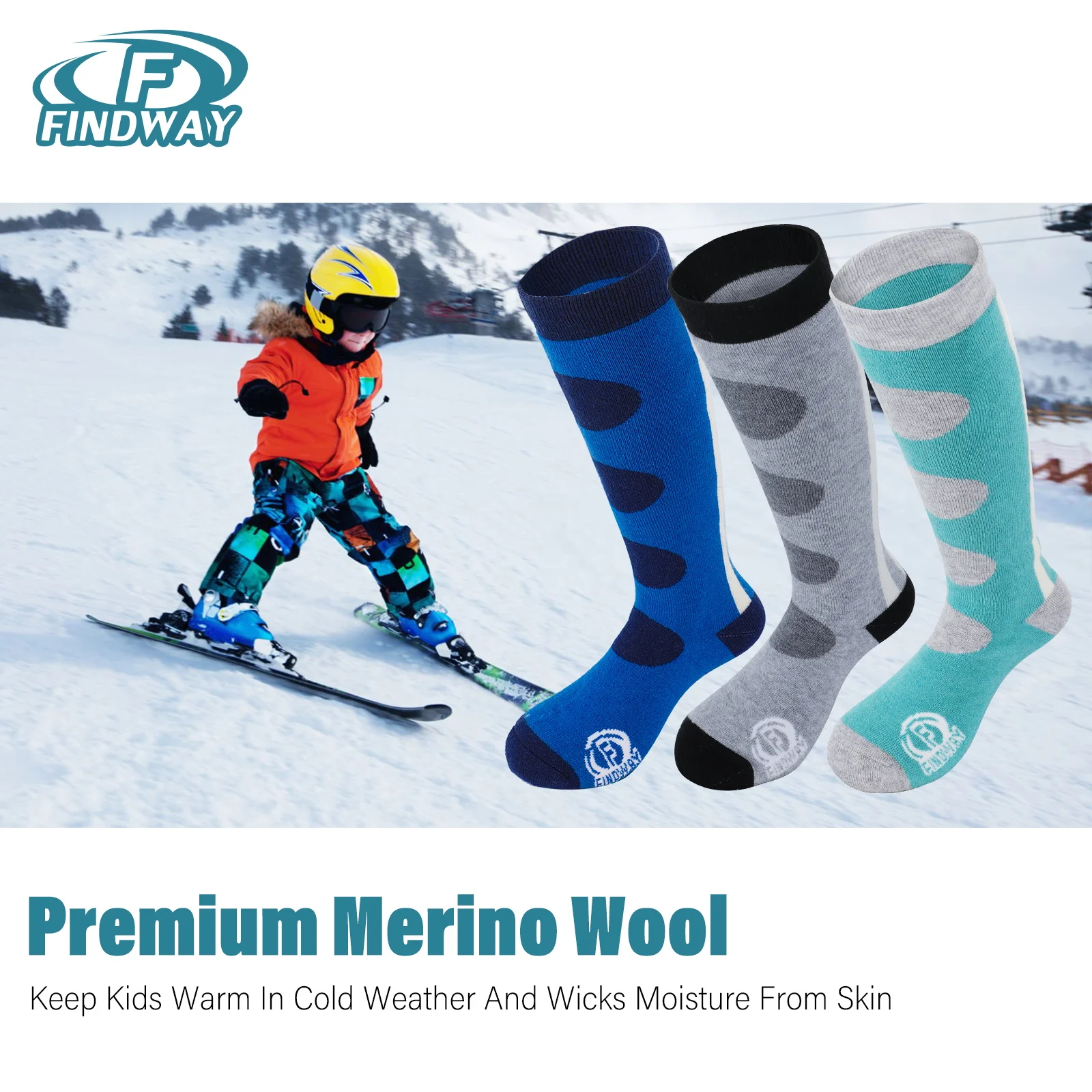Findway Kids Ski Socks, Merino Wool 1 Pairs Snow Socks Winter Warm Snowboarding Socks for Toddler Boys and Girls Age 3-14