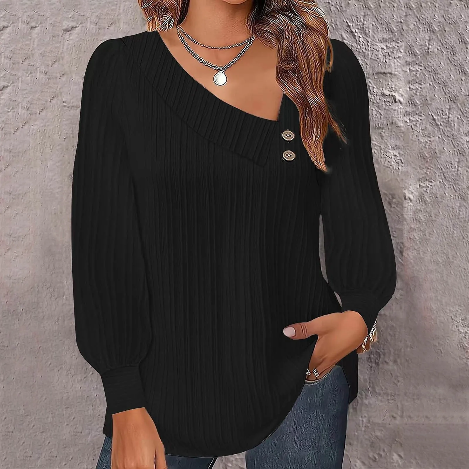 

Women'S Blouse Casual Vintage Fashion Asymmetrical Button V Neck Simple Solid Color Lantern-Sleeve T Shirts For Female Blusas