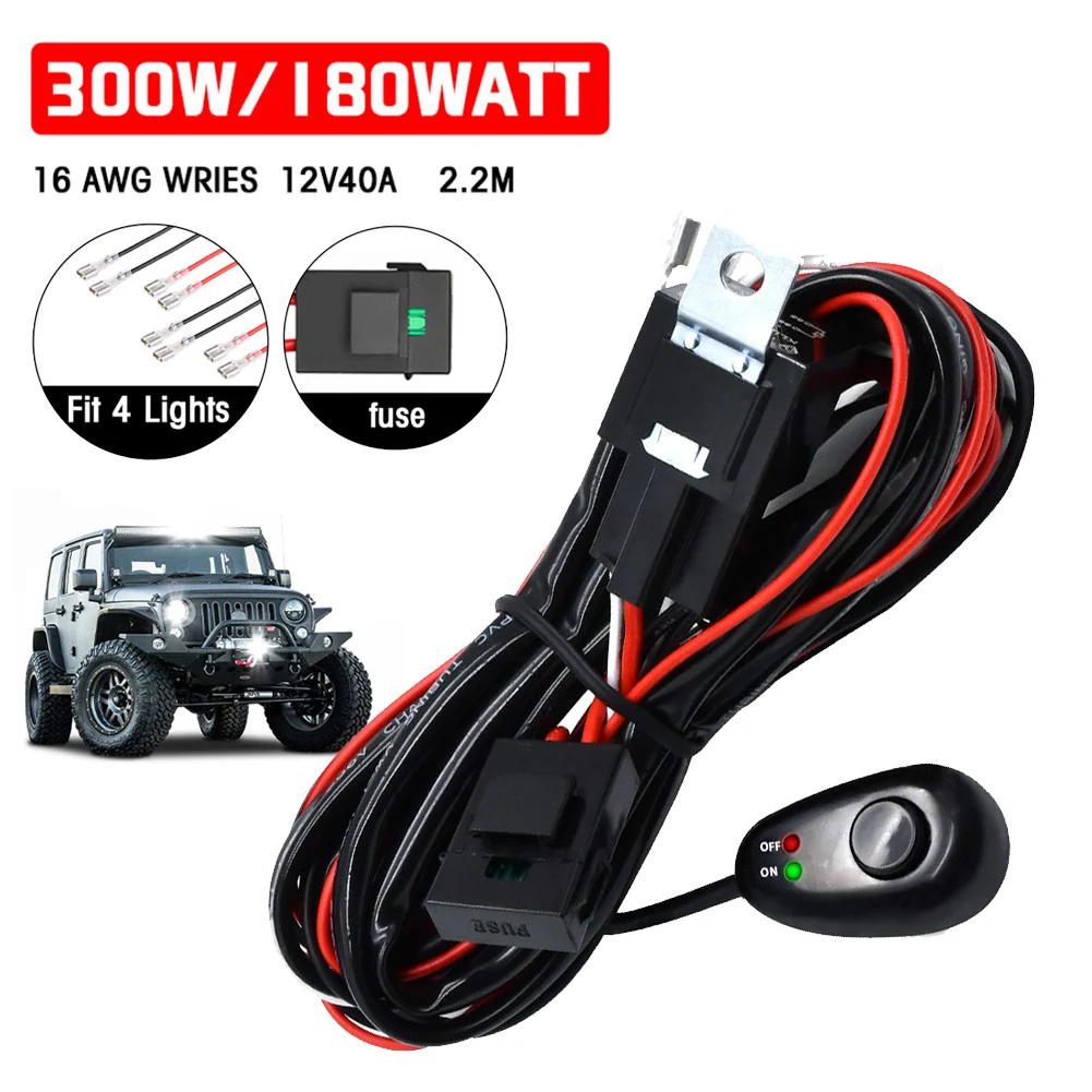 

LED Light Bar Wiring Harness Kit 14AWG 9-16V 40A Relay Fuse With Press ON/OFF Switch For LED Light Bars Fog Lights Work Lights