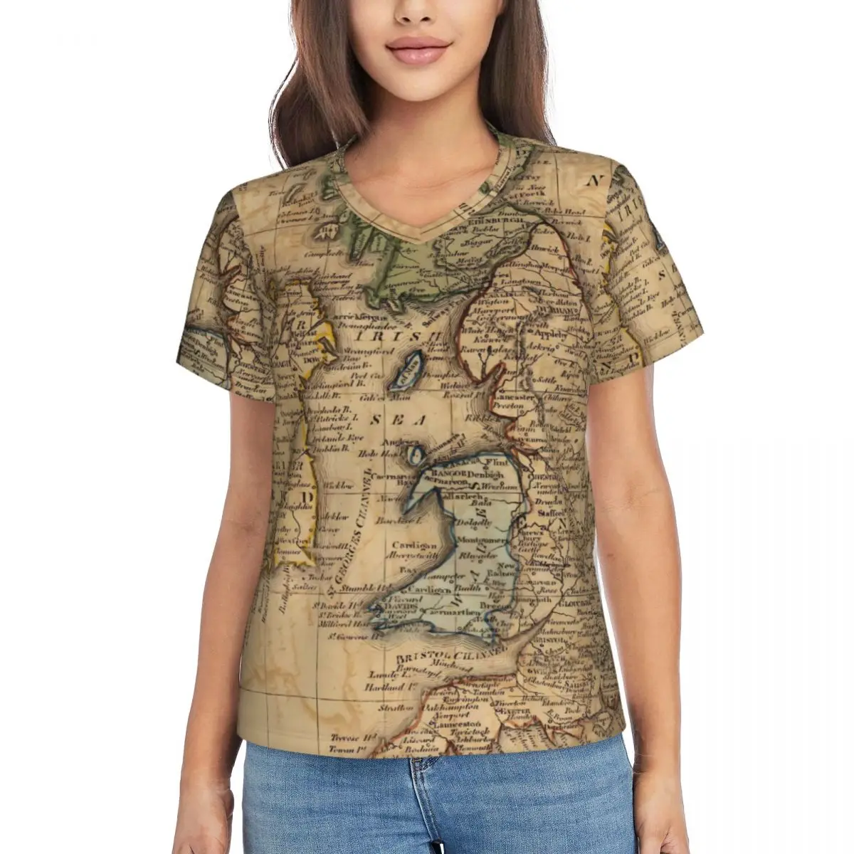 

Женская футболка с принтом карты, Винтажная Футболка большого размера с коротким рукавом и V-образным вырезом, топы в уличном стиле с графическим принтом, лето