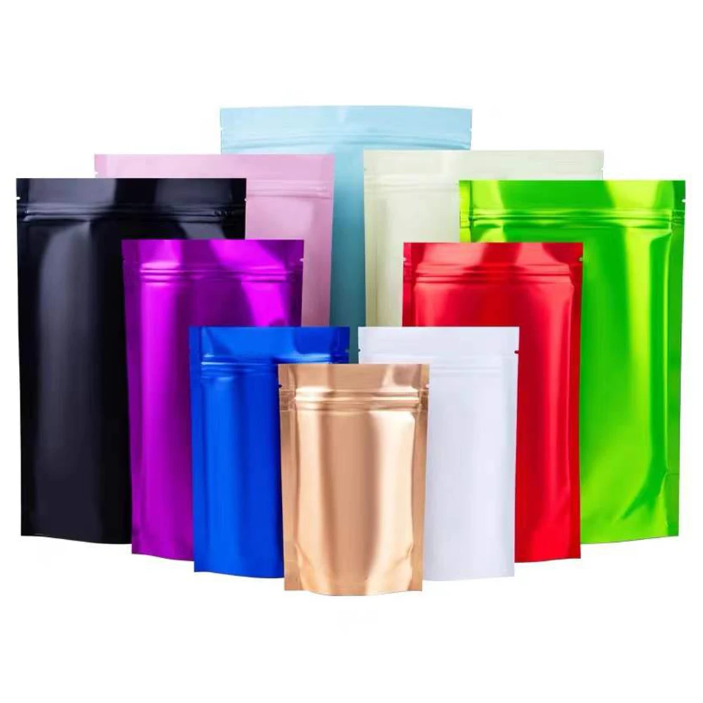 100Pcs Colorful Matte Aluminum Mylar Foil Stand Up Bag Zip Lock Grip Seal Tear Notch Reusable Food Ground Coffee Bean Tea Pack