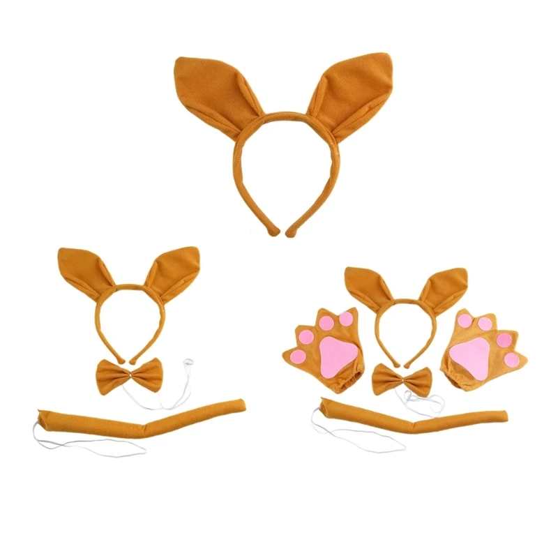 

Kids Animal Costume Kangaroos Ears Headband Bowtie Tail Gloves 1/3/4Pcs T8NB