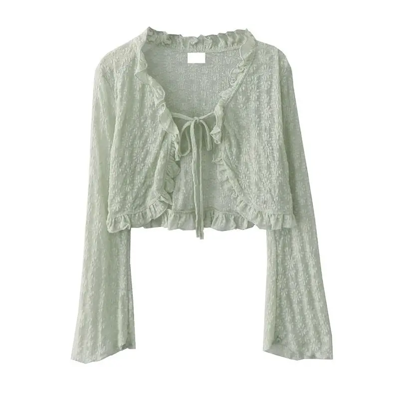 Women Coat Short Cardigan Summer New Korea Gentle Round The Ear Frenulum Thin Pagoda Sleeve Lace Frenulum Sweet Streetwear