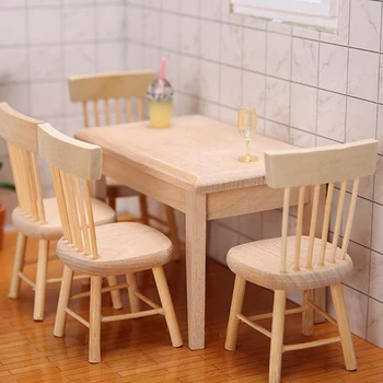 1/12 Miniature Dollhouse Furniture Wooden Dining Table And Chair Pretend Play Simulation Toys 1