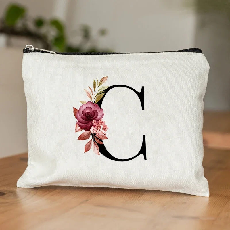 A-Z Alphabet Cosmetic Storage Bag Initial Graduation Gifts for Teacher Flowers Print Toiletry Bag for Bridesmaids Wedding Gifts 5
