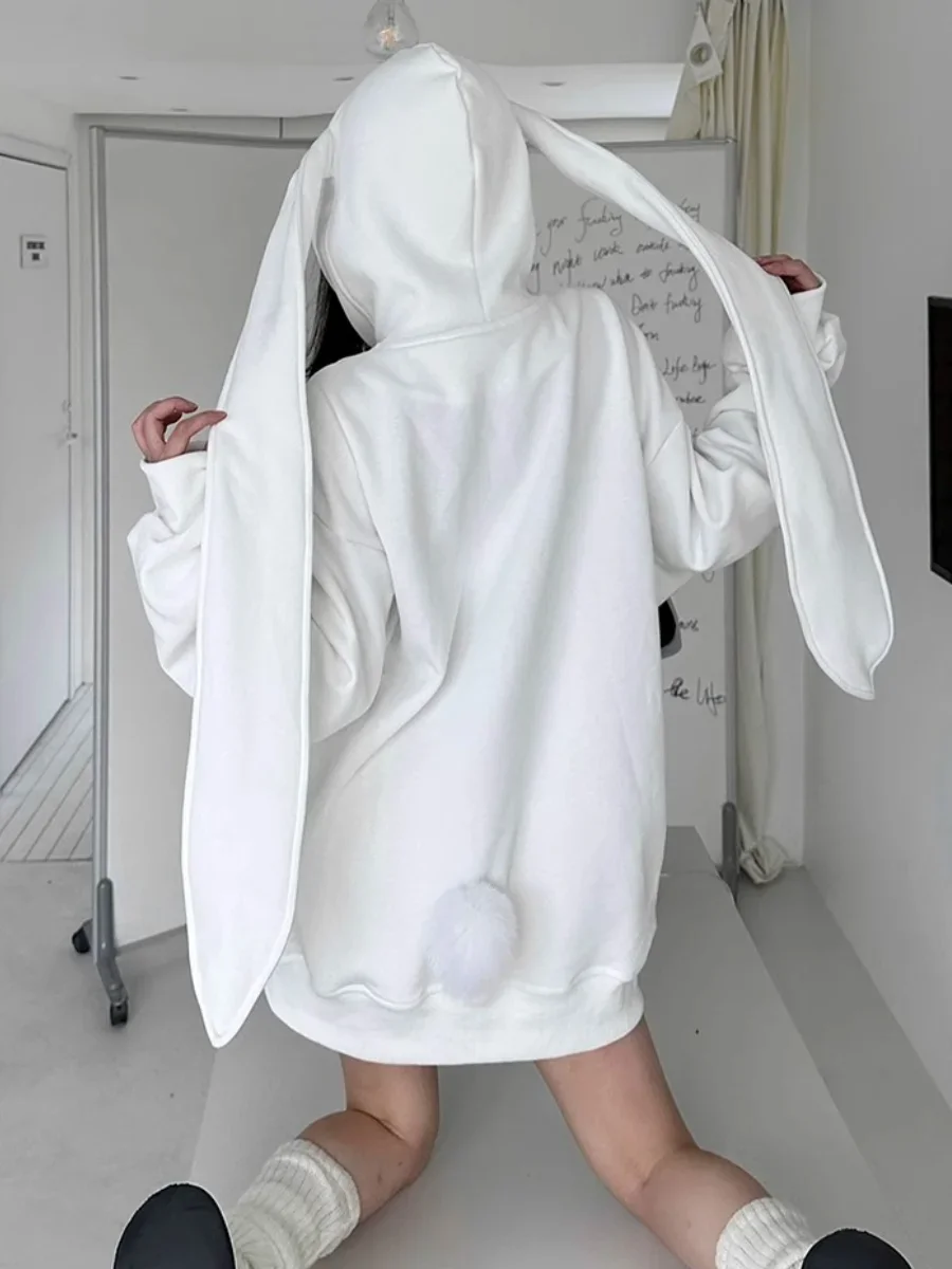 White Hoodies Women Cute Rabbit Hooed Sweatshirt Female Oversized Fashion Casual Zip Coat Lady Autumn Preppy Style Loose Hoodie