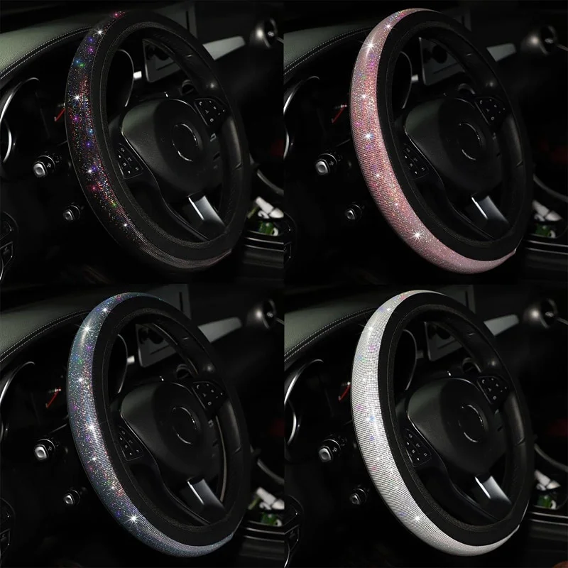 37/38mm Universal Car Steering Wheel Cover Pu Leather Rhinestones