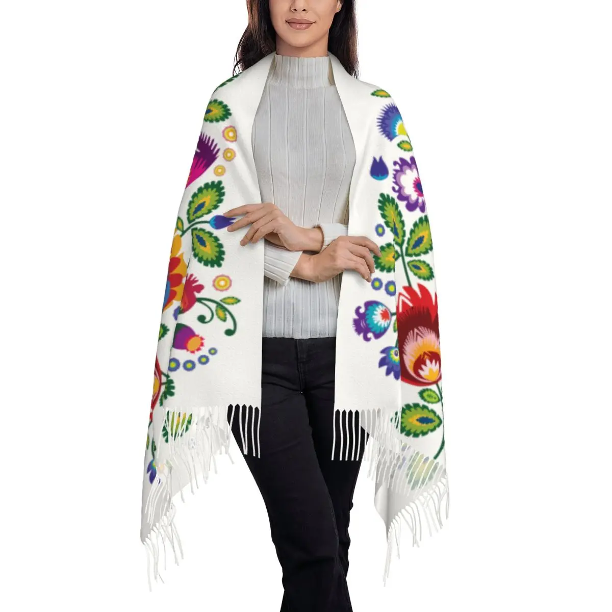 Custom Poland Folk Flowers Scarf Wrap Women Long Winter Warm Tassel Shawl Unisex Polish Floral Art Scarves 3
