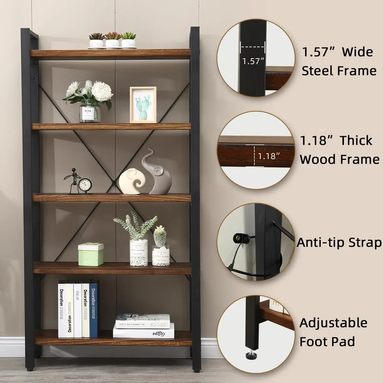 NEW-5 Tier Bookcase, Solid Wood Bookshelf Rustic Vintage Industrial Etagere Bookcase, Metal and Wood Free Vintage Bookshelf,