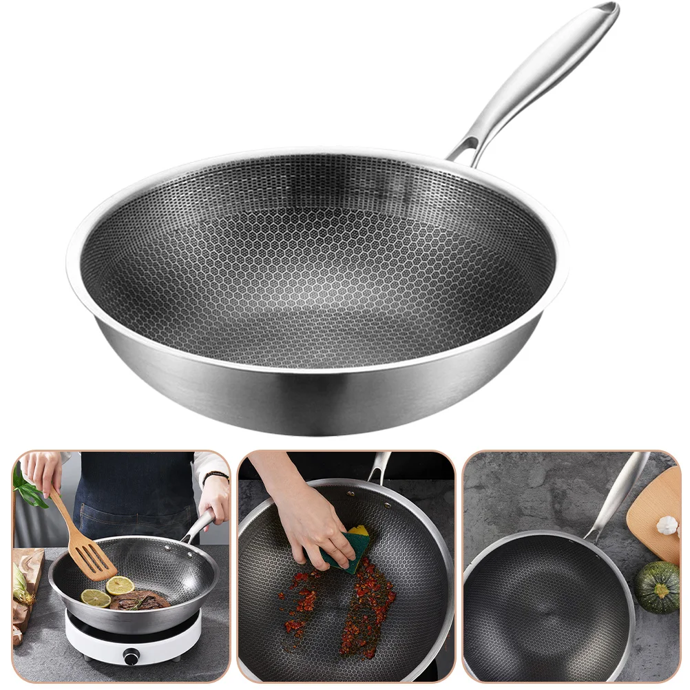 

Pan Wok Frying Skillet Honeycomb Cooking Nonstick Induction Flat Stir Kitchen Fry Stainless Stove Steel Bottom Saute Gas